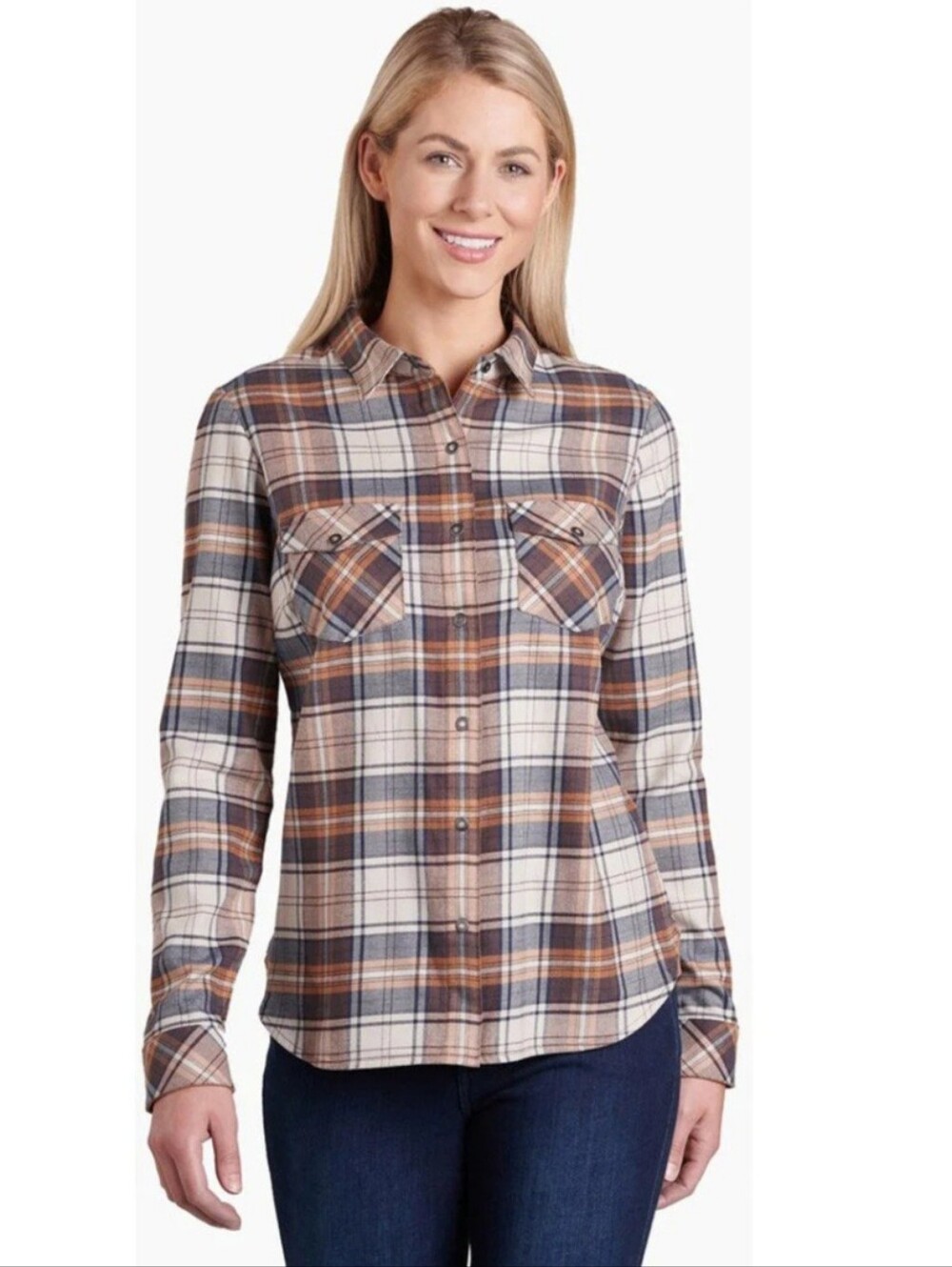 Kuhl "TESS" Flannel Brown Plaid Snap Button-Down Shirt Sz Med